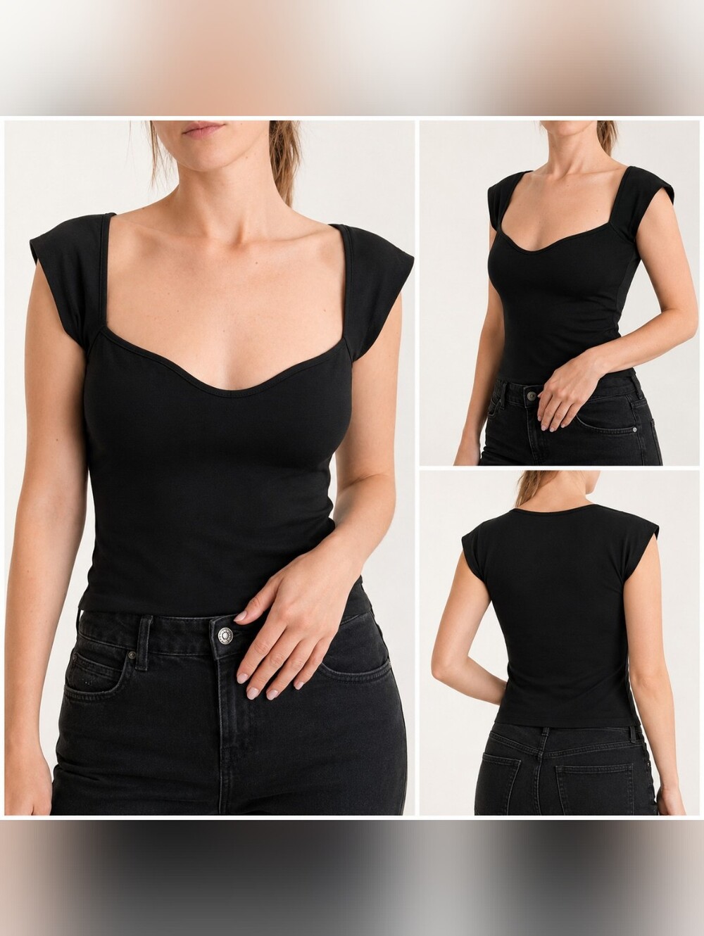 Fitted Black Square-Neck Cap Sleeve Top